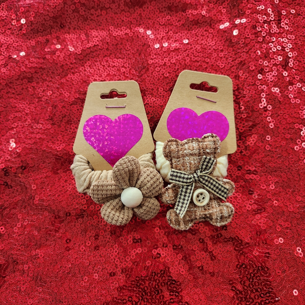 Brown and Cream Floral and Bear Hair Ties